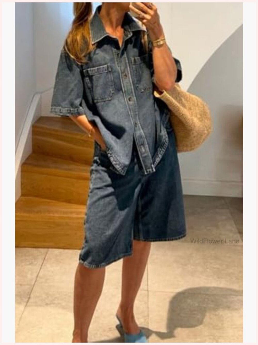 Women's Crop Denim Shirt Button Down Short Sleeve Oversized Jean Top - Picture 4 of 7
